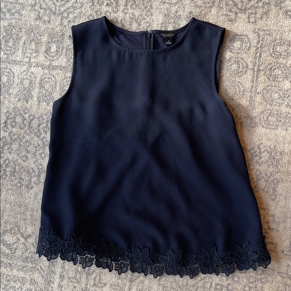 Ann Taylor Navy Blue Sleeveless Top Lace Hem Small
